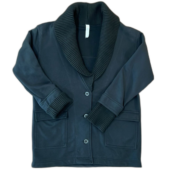 Anthro Daily Practice Ribbed Shawl Collar Cardigan Jacket Black S Pockets Cozy - Picture 2 of 7